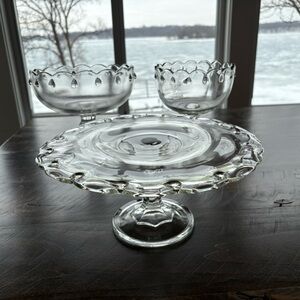 Vintage Indiana Glass Teardrop Glass Pedestal Cake Stand & Pedal Compote Bowls
